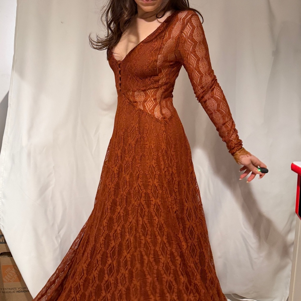Free People Terra-Copper Lace Long-Sleeve Maxi Dress